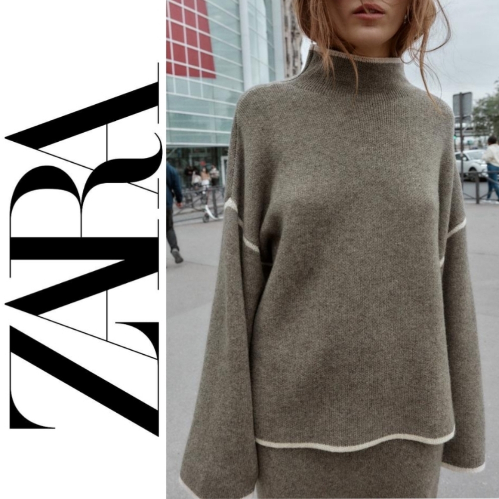 Like New! Zara Wool Blend Contrast Piping Taupe Turtleneck Sweater